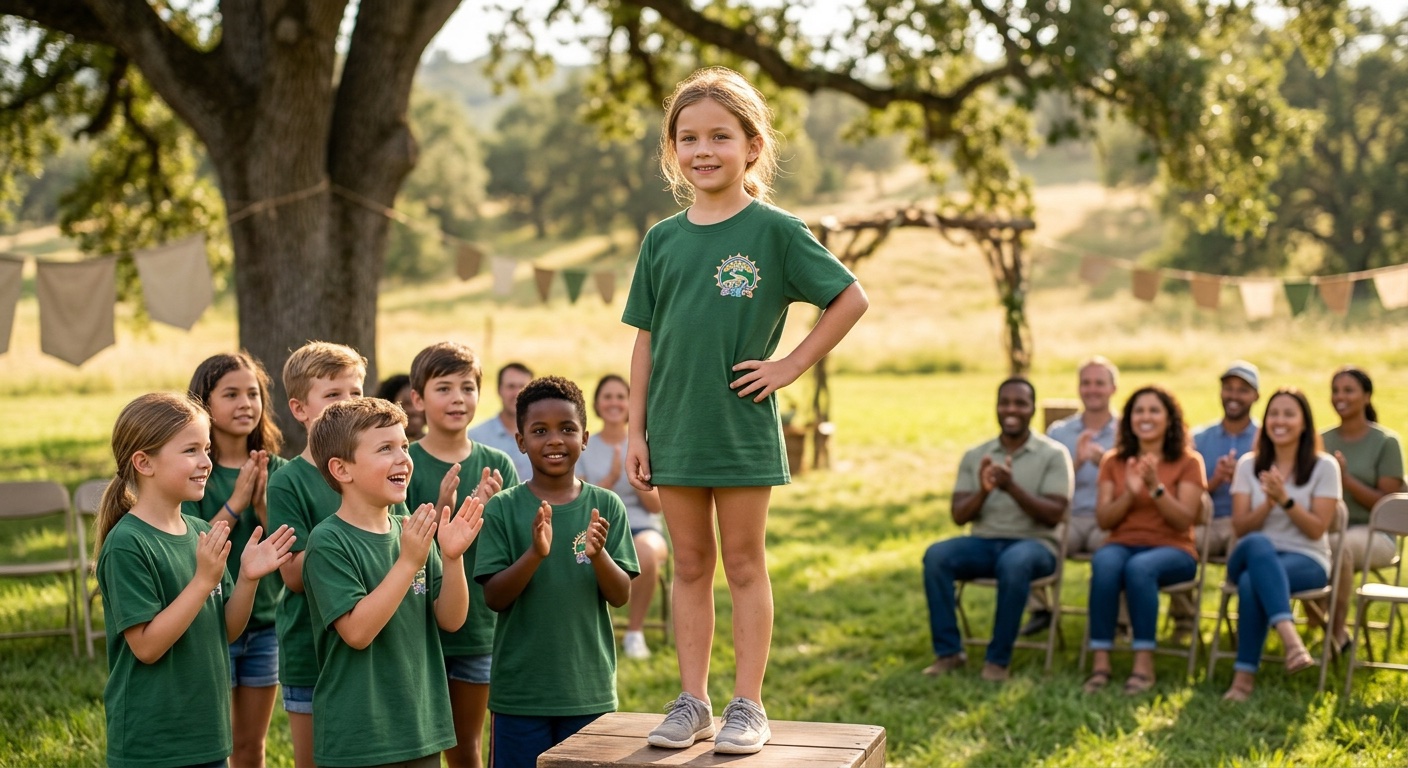 Children applauding a young leader during an outdoor presentation